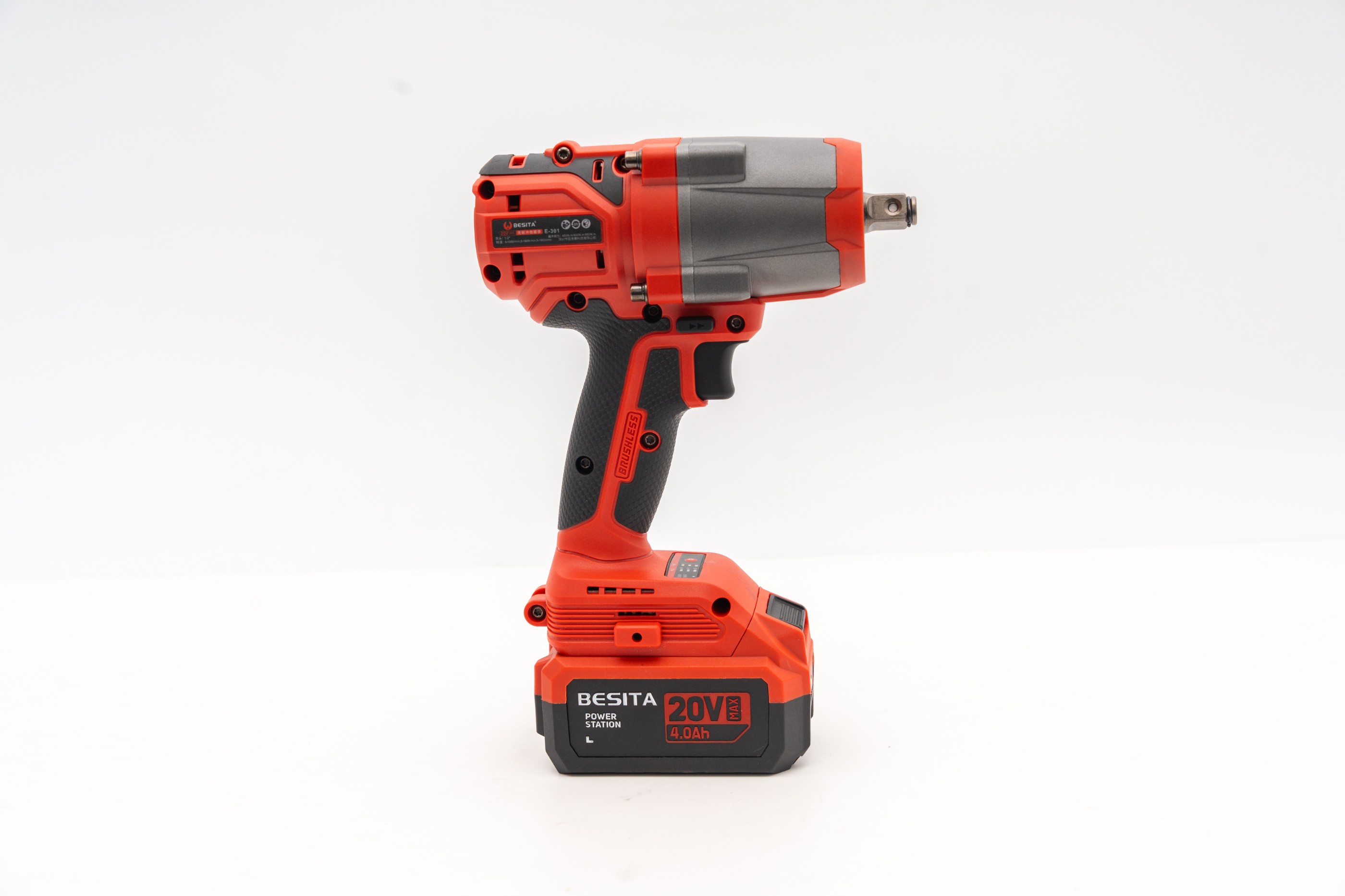 E-301-20V无刷锂电冲击扳手（450-600 -850 NM)4.0AH两电一充