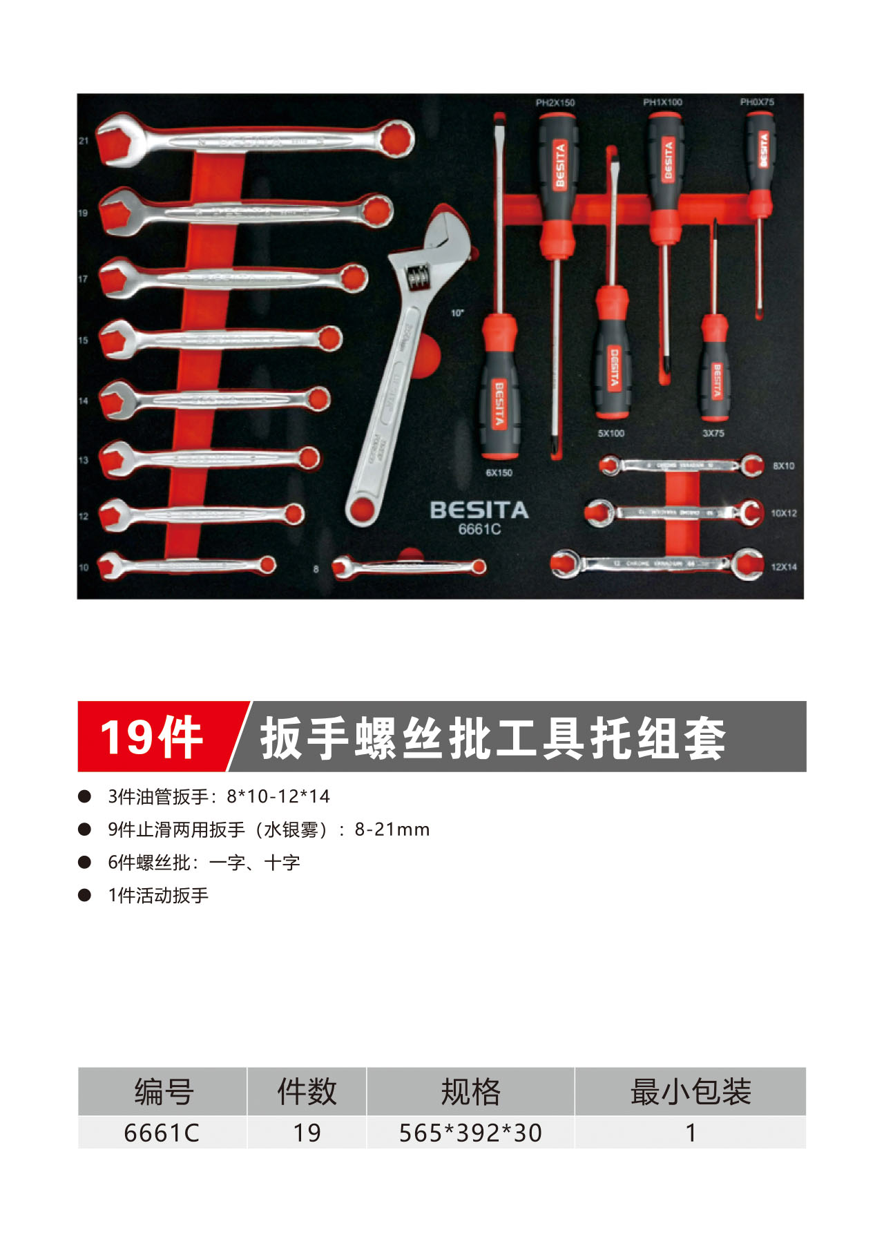 19件扳手螺丝批工具托组套（NO.6661C）