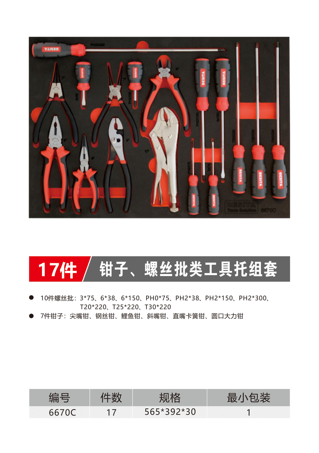 17件钳子、螺丝批类工具托组套（NO.6670C）