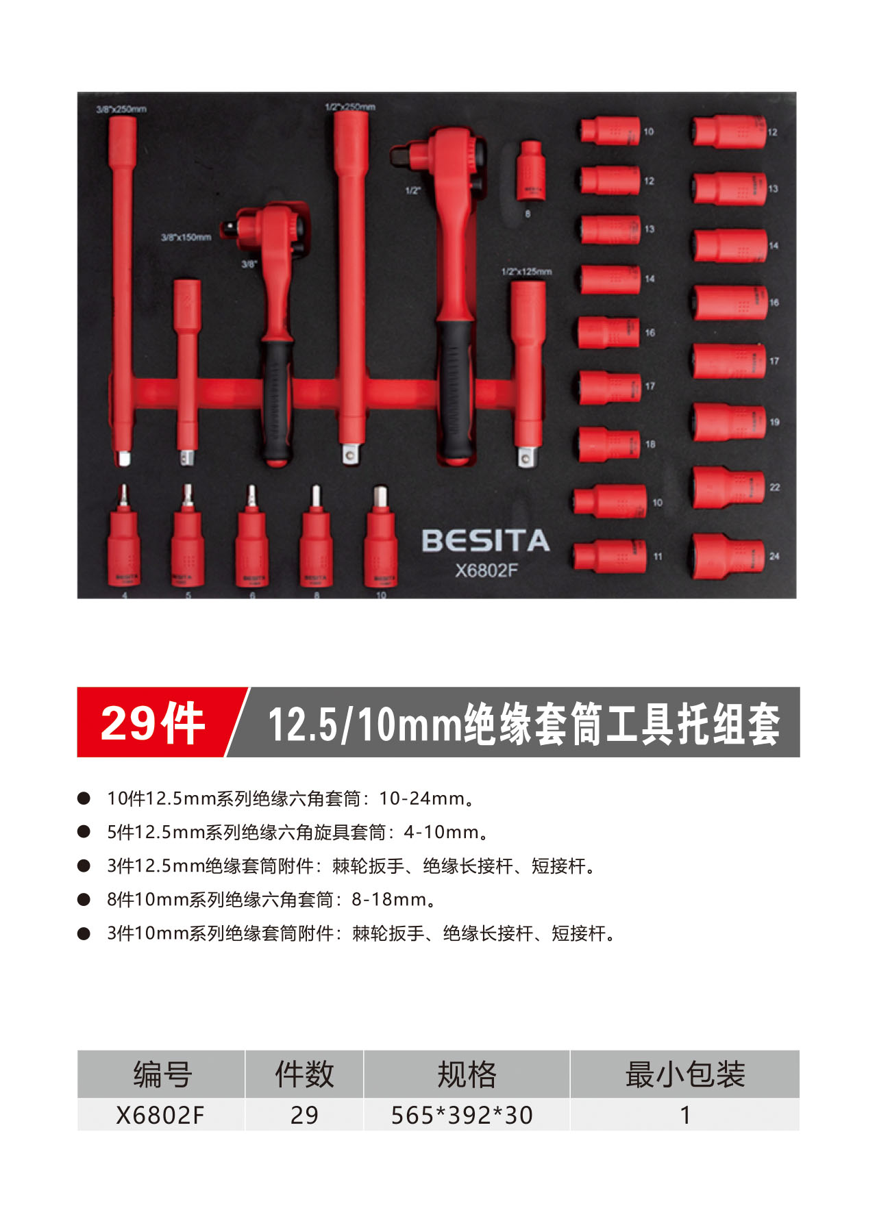 29件12.5/10mm绝缘套筒工具托组套（NO.X6802F）