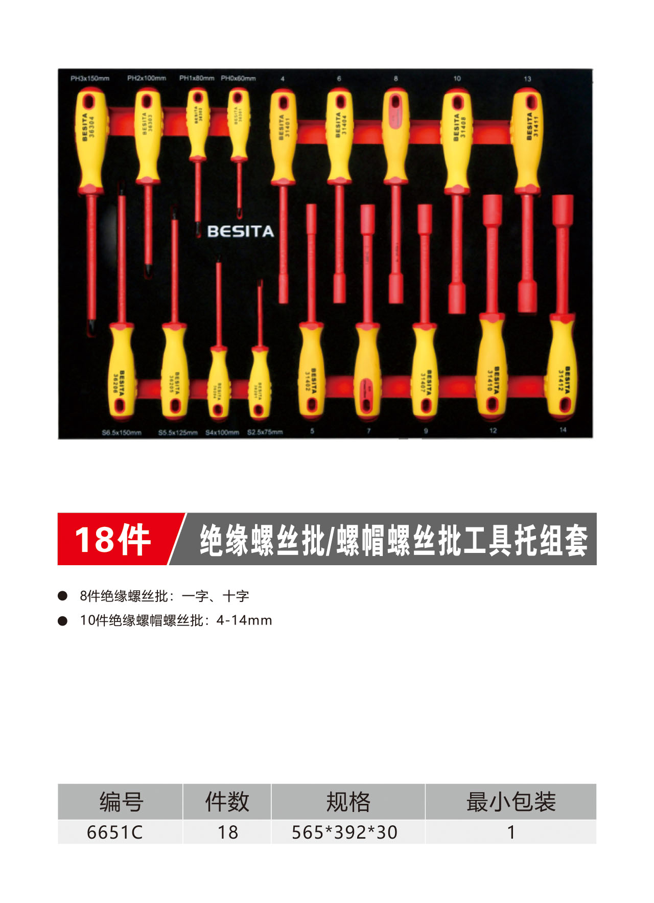 18件绝缘螺丝批/螺帽螺丝批工具托组套（NO.6651C）