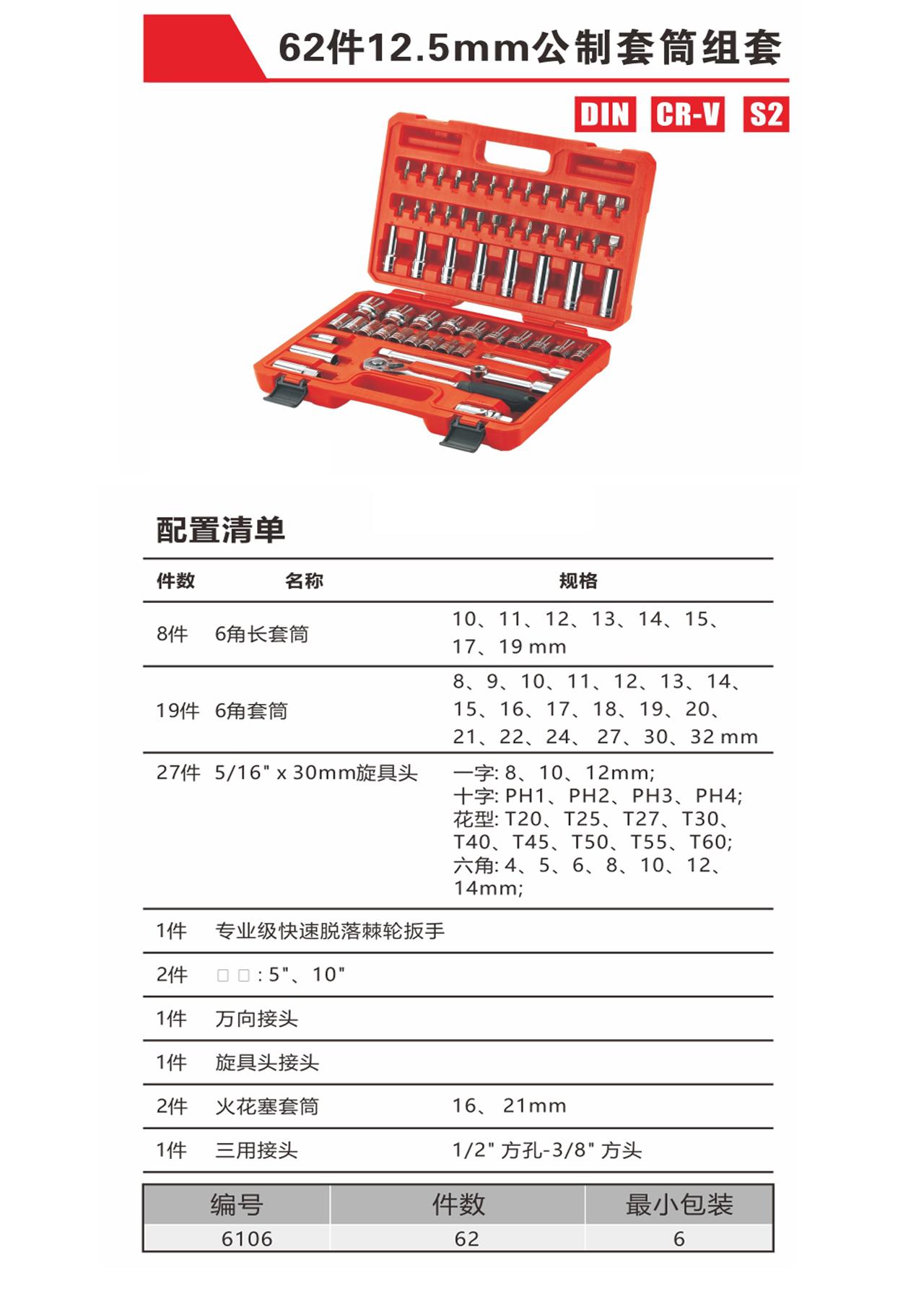 62件12.5mm公制套筒组套（NO.6106）