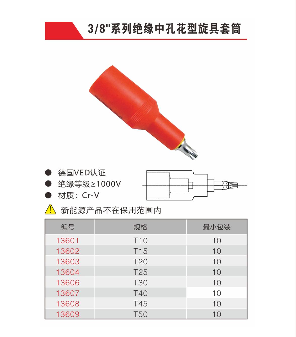 3/8''系列绝缘中孔花型旋具套筒（NO.13601-13609）
