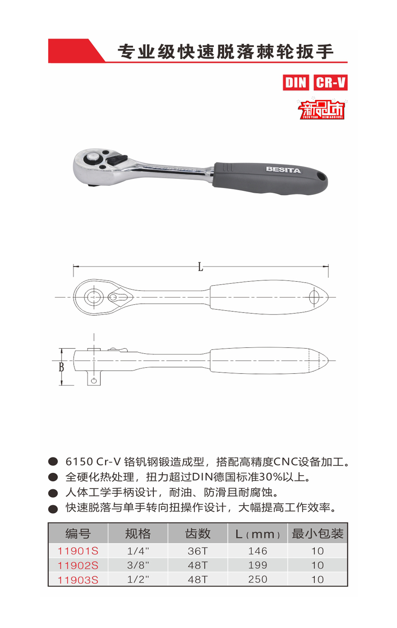 专业级快速脱落棘轮扳手（NO.11901S-11903S）