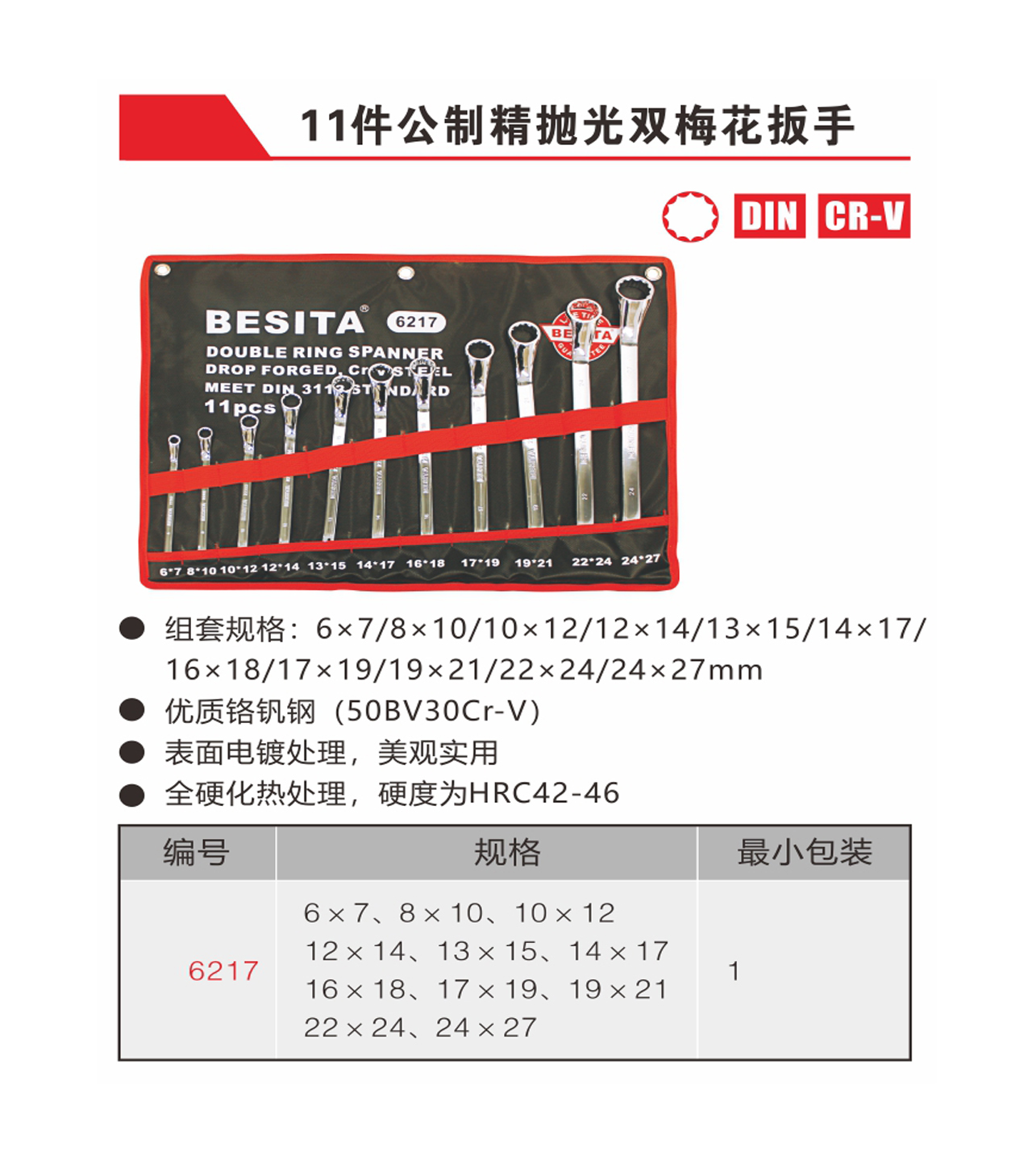 11件公制精抛光双梅花扳手（NO.6217）