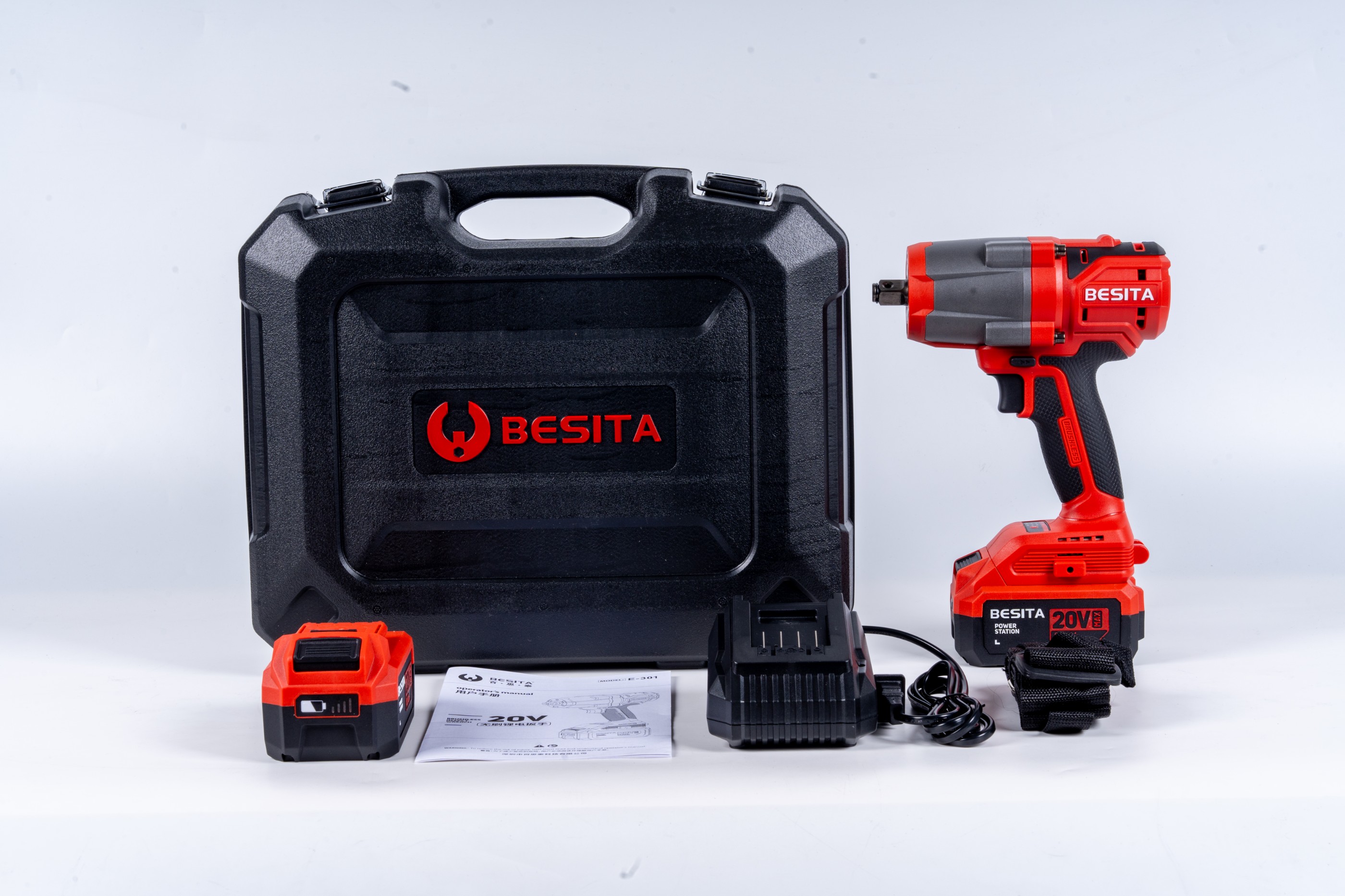 E-301-20V无刷锂电冲击扳手（450-600 -850 NM)4.0AH两电一充